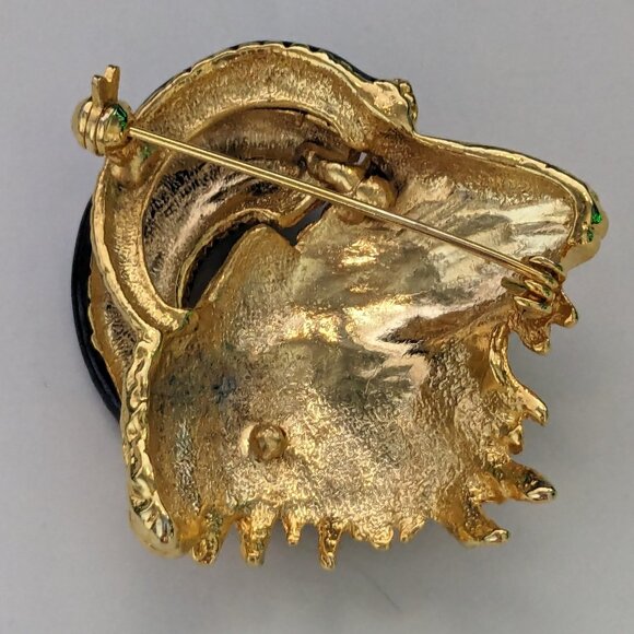 Vintage Gold Tone Black Enamel Horn Rams Head 3D Brooch Pin - Picture 3 of 4